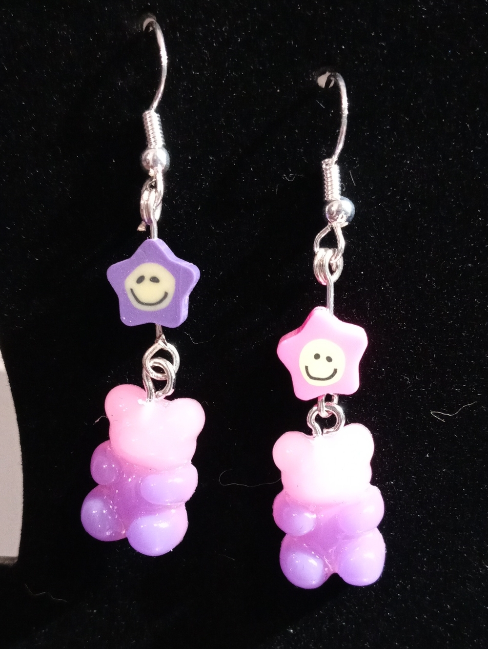 Pink & Purple Smiley Star Gummy Bear Drop Earrings